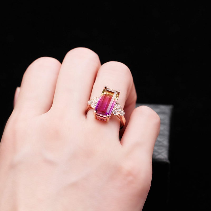 Uloveido Created Tourmaline Gemstone Rings18k Rose Gold Plated Ring with Big Rectangle Stone (size 6) RJ400 - Image 3
